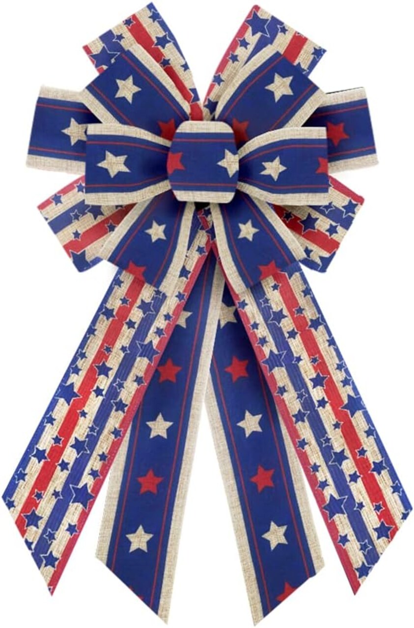 Large Patriotic Wreath Bow – Red, White & Blue Burlap with Stars, 11.42" x 20.87" Decorative Bow for 4th of July, Memorial Day, Veterans Day, Independence Day Indoor & Outdoor Front Door Decor